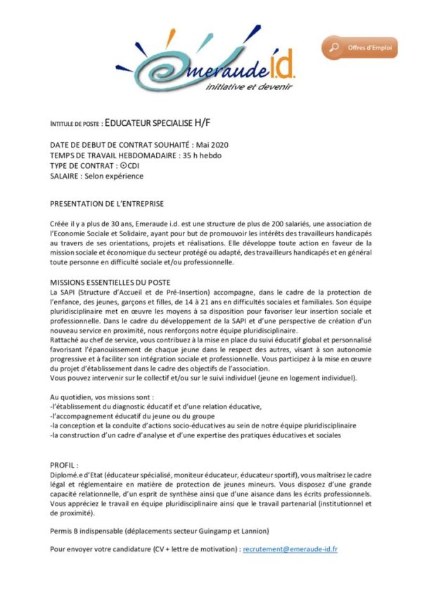 Offre d’emploi – Educateur spécialisé  Emeraude i.d.