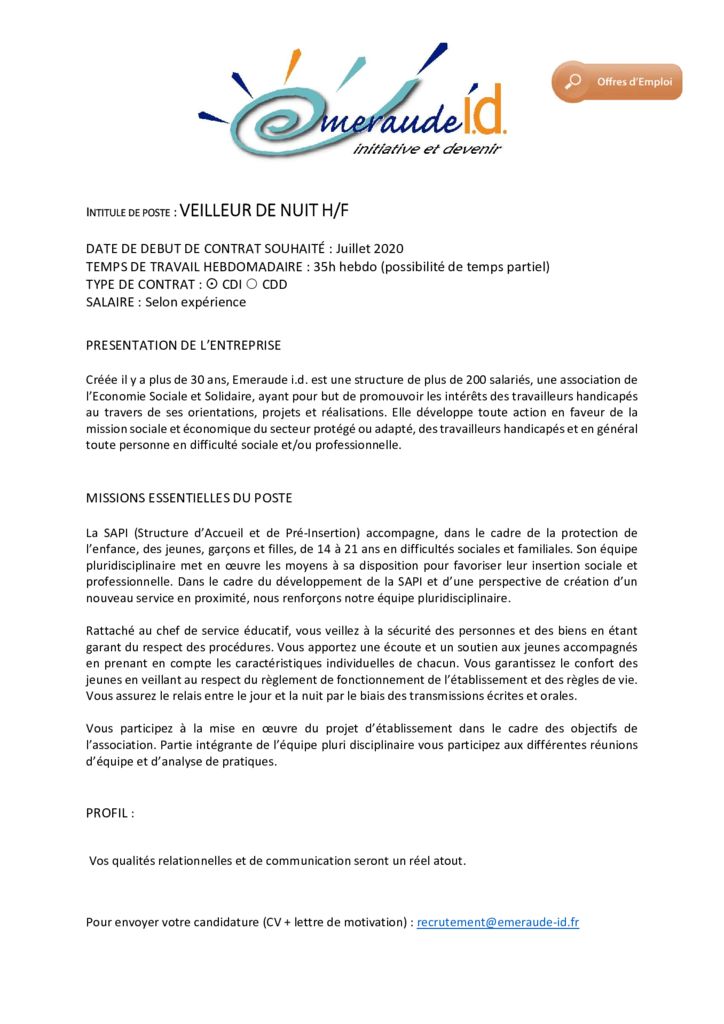 Offre D Emploi Aide Soignante De Nuit Offre d'emploi – Veilleur de nuit | Emeraude i.d.