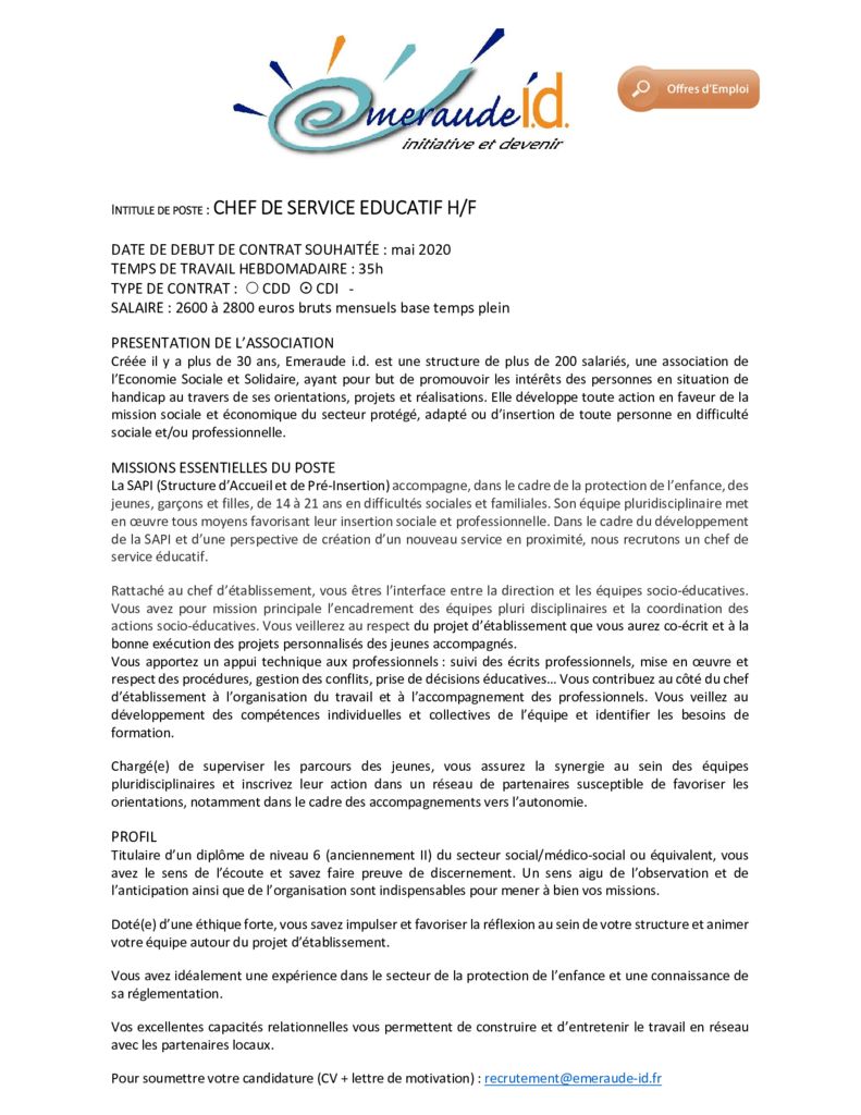 offre chef de service éducatif  Emeraude i.d.